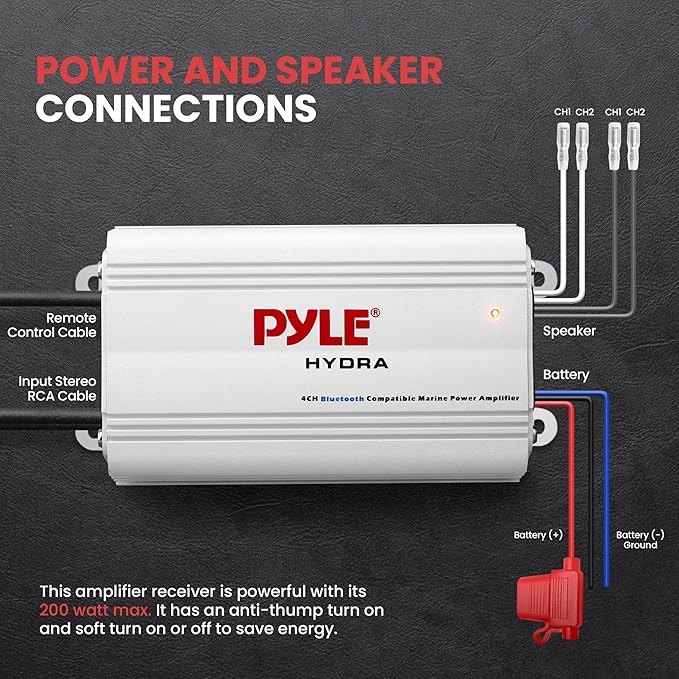 Pyle Auto 4-Channel Marine Amplifier - 200 Watt RMS 4 OHM Full Range Stereo with Wireless Bluetooth & Powerful Prime Speaker - High Crossover HD Music Audio Multi Channel System PLMRMB4CW White
