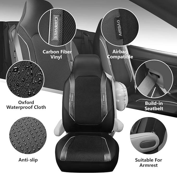 CAR PASS Sporty High Back 3D Oxford Waterproof Car Seat Cover Two Front, Bucket Carbon Fiber Leather Seat Cover, Built-in Seat Belt Armrest Compatible Fit for Sports Car SUV Sedan Truck All Black