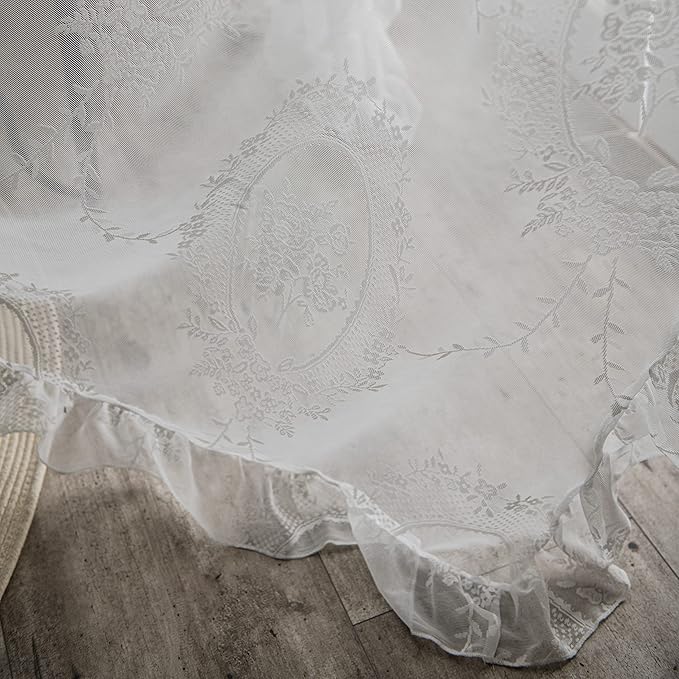 Sutuo Home White Lace Curtains Set of 2, Sheer Panels 63 Inch Length Rose Floral Embroidery Vintage Voile Window Treatment Pair for Bedroom Living Room, Shabby Chic Decor Rod Pocket, W57 x L63