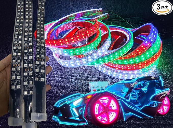 3PCS 4FT Double Row Dynamic Symphony RGB Chasing Light Strips, Flow Series Bluetooth App Accent Light Kit, IP68 Waterproof Wheel Hood Grille Underbody Lights Fit for Polaris Slingshot Car Truck