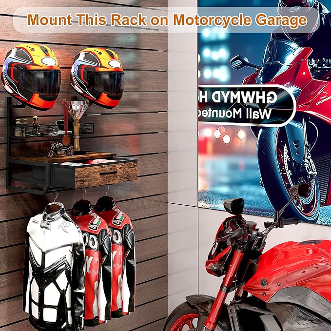 TQVAI Helmet Holder Wall Mount, Hold up to 2 Helmets, Motorcycle Helmets Rack with Drawer and Mesh Basket for Motorcycle Accessories, Hanging Protective Gear Shelf for Backpack Boots