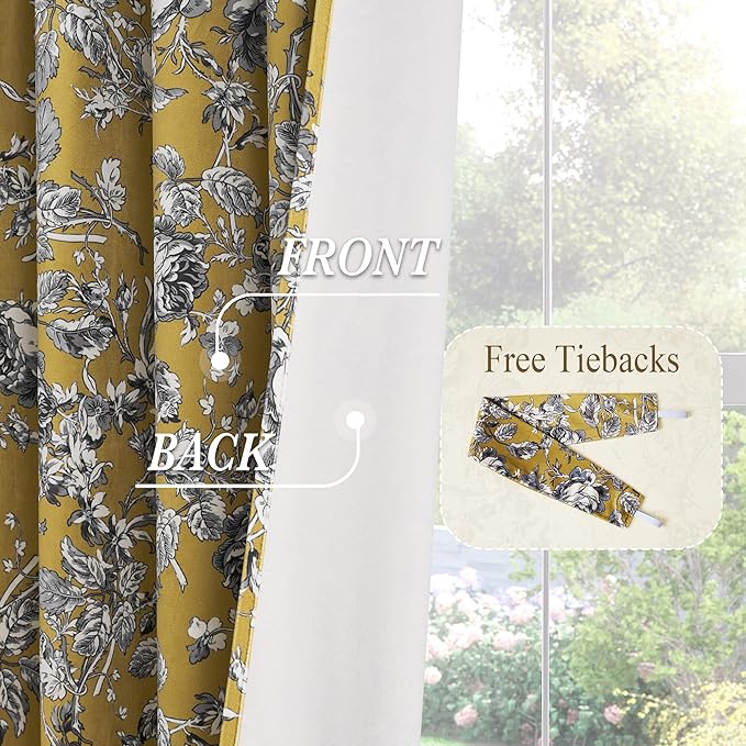 StangH Mustard Yellow Floral Velvet Curtains, Retro Classic Rose Patterned Drapes with Privacy Thermal Insulated Neoclassical Style Decor for Home Office, W52 x L96, 2 Panels