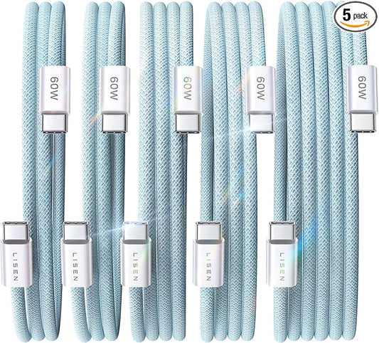 LISEN USB C Cable, 5-Pack [3.3/3.3/6.6/6.6/10FT] Blue for iPhone 17 Charger Cord, 60W C to C Cable Fast Charging for iPad, iPhone 17 Air 16 15 Pro Max, Samsung Z Flip 7/S25/S24