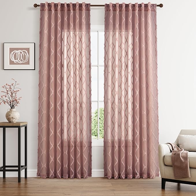 Hokibero Canyon Rose Sheer Curtains 84 Inch Length for Living Room 2 Panels Back Tab Boho Farmhouse Drapes Light Filtering Privacy Embroiderd Textured Rustic Curtain for Dining Room Bedroom 52x84