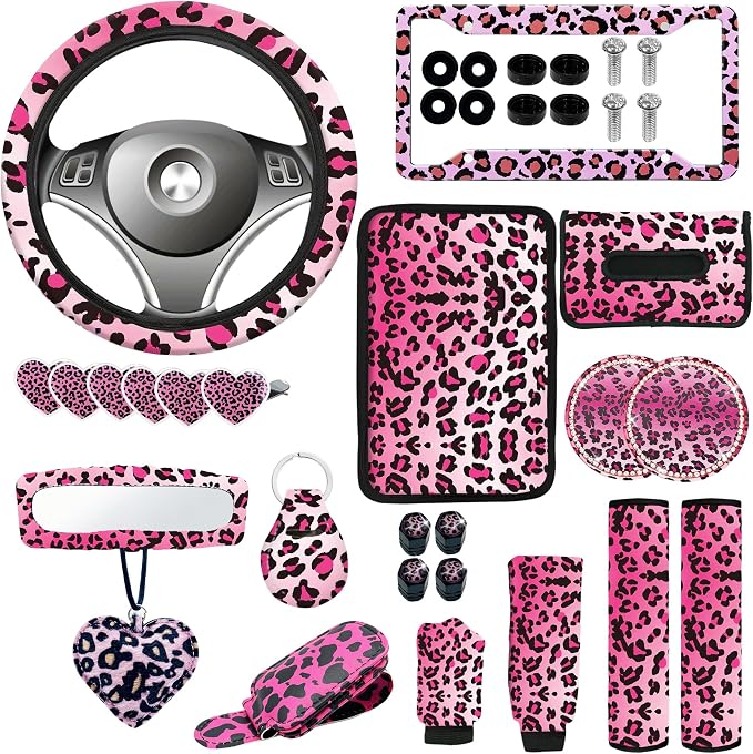 24 Pcs Leopard Print Car Accessories,Including License Plate Frame,Rearview Mirror Decoration,Etc,Suitable for Sedan,SUV and Other,Cute Car Interior Set for Women (Pink)