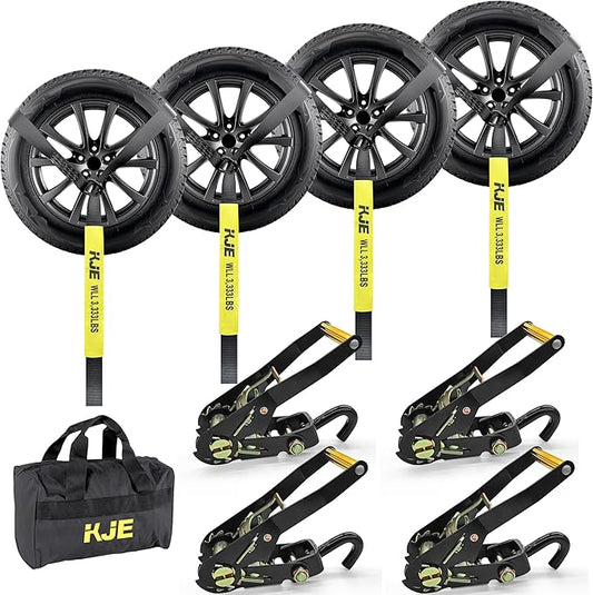 KJE 4 Pack Car Tie Down Straps for Trailers - Lasso Style Tire Ratchet Strap with J Finger Hooks - 2" x 10' 10,000LBS Break Strength - Wheel Straps for Hauling UTV, SUV, Truck, Any Cars