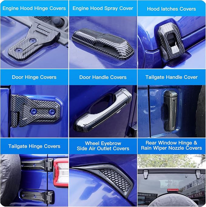 Barong for Jeep Wrangler JL JLU 2018-2025 Accessories Exterior Decoration Door Hinge Handle Engine Hood Hinge Hood Latch Wheel Eyebrow Side Air Outlet Rear Window Hinge Cover 26PCS Full Set (Carbon)