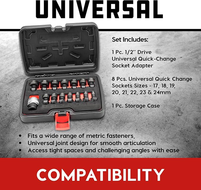 Powerbuilt 15 Piece 1/2-Inch Drive Impact Grade Universal Joint Quick-Change Socket Adapter and Sockets Set, Size: 8mm-21mm, Storage Case - 643032ECE