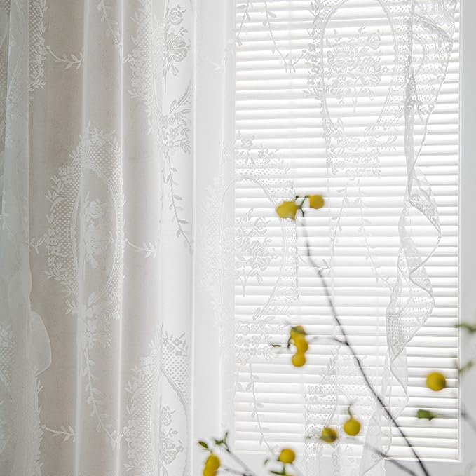 Sutuo Home White Lace Curtains Set of 2, Sheer Panels 63 Inch Length Rose Floral Embroidery Vintage Voile Window Treatment Pair for Bedroom Living Room, Shabby Chic Decor Rod Pocket, W57 x L63