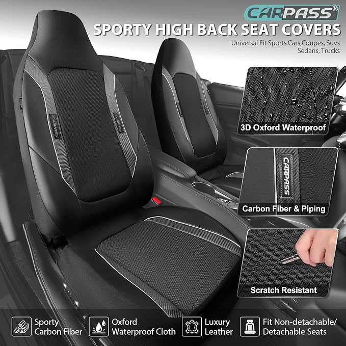 CAR PASS High Back Car Seat Cover Two Front Seats, Sporty Carbon Fiber 3D Waterproof Oxford Luxury Leather All Weather Bucket Seat Cover, Airbag Compatible Universal Fit Car Suv Sedan Truck Black Gray
