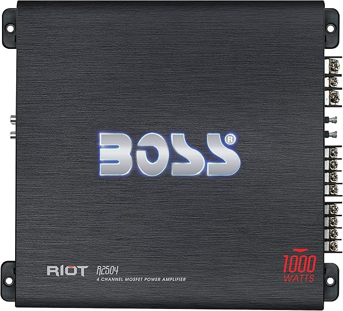 BOSS Audio Systems R2504 Riot Series Car Audio Stereo Subwoofer Amplifier - 1000 High Output, 4 Channel, Class A/B, 2/4 Ohm, High/Low Level Inputs, High/Low Pass Crossover, Bridgeable, Full Range
