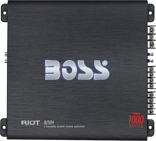 BOSS Audio Systems R2504 Riot Series Car Audio Stereo Subwoofer Amplifier - 1000 High Output, 4 Channel, Class A/B, 2/4 Ohm, High/Low Level Inputs, High/Low Pass Crossover, Bridgeable, Full Range