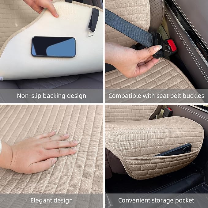 Linen Car Seat Covers Front Seat Covers - 2 PCS Durable & Non-Slip Breathable Cloth Fabric Car Seat Protector, Universal Fit for Most Automotive, Vans, SUVs, Trucks - Beige