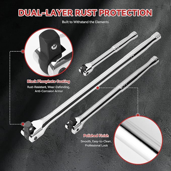KOOPOOL 10 Piece Breaker Bar Set, 3/8", 1/2" and 1/4" Drive, 180° Rotatable Head, 6'', 10'', 15'' Length, 3 Extension Bars, Organizer Case