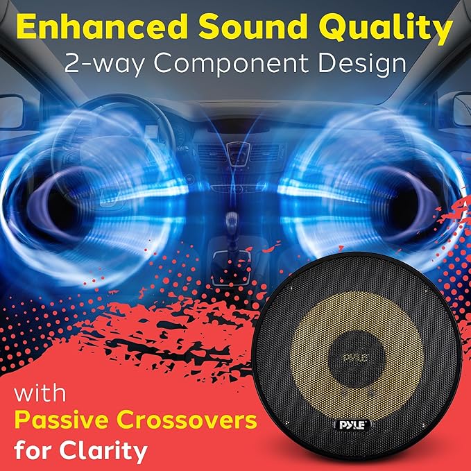 Pyle 2 Way Custom Component Speaker System - 6.5” 400 Watt, with Electroplated Plastic Basket, Butyl Rubber Surround & 40 Oz Magnet Structure - Wire Installation Hardware Set Included - PLG6C, Yellow