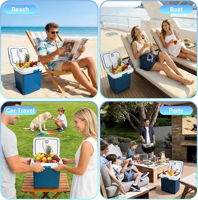 Iceblue Electric Cooler, 26 Liters/28 Cans Mini Fridge with Automatic Locking Handle, 120V AC Home Power Cord & 12V Car Adapter Car Refrigerator, Car Fridge for Home, Car, Gift - Blue