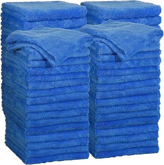 Shimeyao 40 Pcs 16 x 16 Inch Edgeless Microfiber Plush Towels for Cars Detailing Drying Wash Polishing Absorbent Cleaning Cloths, 500 GSM (Dark Blue)