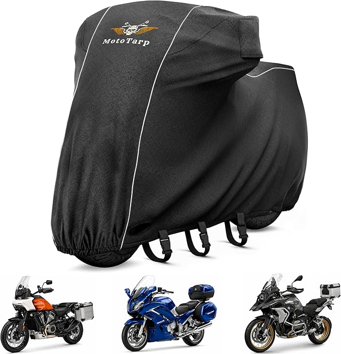 600D Heavy Duty Motorcycle Cover Waterproof Outdoor Storage All-Season Weatherproof Protection with Wheel Lock Slots, Exhaust Heat Shield, Reflective Strips and License Plate Window