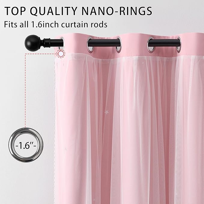 XiDi Light Pink Blackout Curtains for Girls Bedroom 90 Inches Long 2 Panels, Thermal Insulated Room Darkening Drapes for Nursery Living Room Grommet Top Noise Reducing Hollow Star Curtains W52 x L90