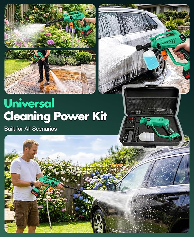 DeeprClean Cordless Car Washer with 6-in-1 Nozzle, Portable Vehicle Cleaning Tool with Brushless Motor |3 Adjustable Levels & Battery Display | Lightweight Spray Tool for Car, Patio Outdoor Use-Green