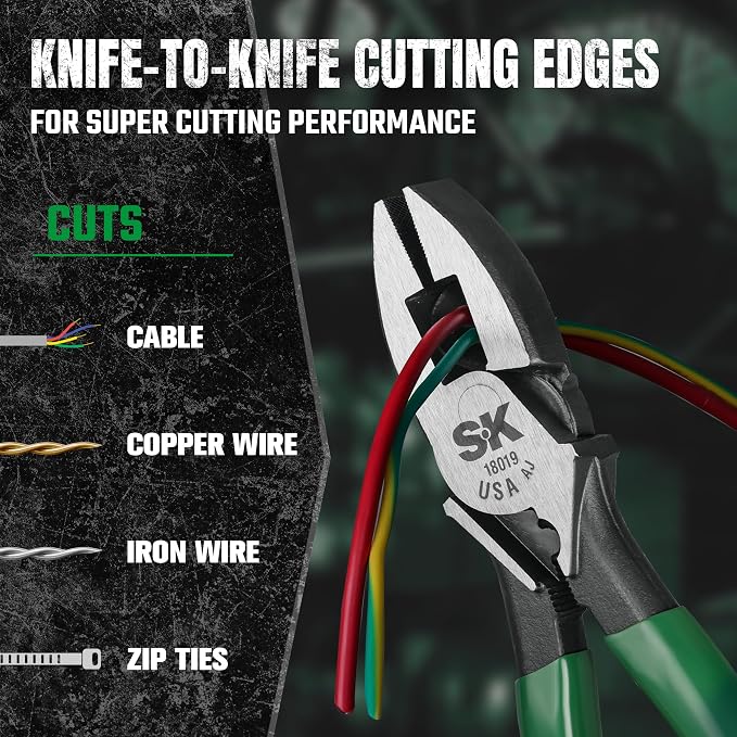 SK Tools USA Linesman Side Cutting Pliers with Crimping Die and Fish Tape Puller, 9" Long, 18019