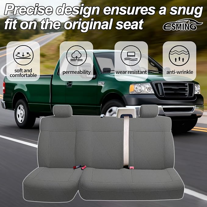 ESMING Heavy-Duty Knitted Fabric Rear Bench Seat Covers for Ford F150 XLT Super Cab 2004 2005 2006 2007 2008, Heavy-Duty Knit Fabric, Easy Install & Cleaning - Gray