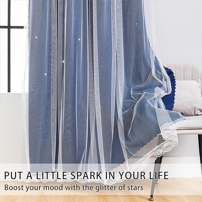 XiDi Black Out Curtains for Bedroom, Double Layer, Unicorn Pattern, Navy Blue