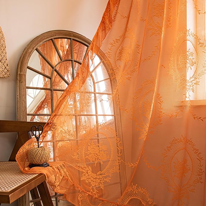 Sutuo Home Lace Curtains 108 Inches Long 2 Panels, Boho Sheer Embroidery Ruffled Vintage Bohemian Chic Window Treatment Pair for Bedroom Living Room Halloween Decor, Rod Pocket, W57 x L108,Orange