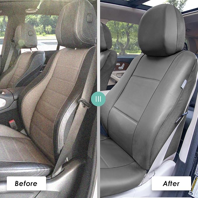 FH Group Car Seat Cover Airbag Compatible Full Set Gray Premium PU Leather - Split Bench Combo Vinyl Floor Mats Seat Covers Interior Accessories Universal Fit for Cars Trucks SUV