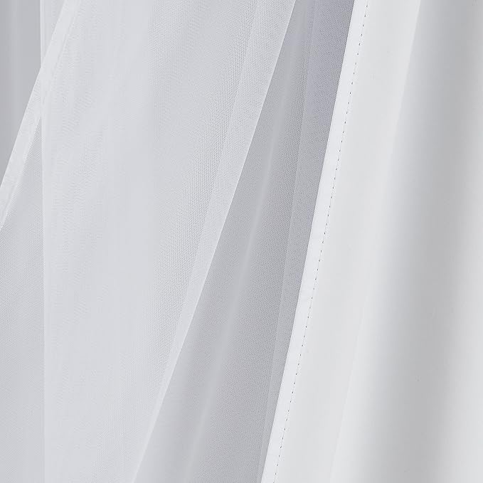 Bujasso White Full Blackout Curtain Panels with Sheer Overlay Mix and Match Double Layer Thermal Insulated Window Treatment Set for Living Room White Drapes with Tiebacks Grommet Top 37" Wx108 Lx2