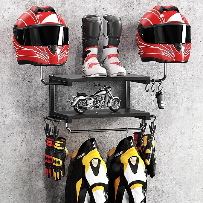 Motorcycle Helmet Holder Wall Mount, 2-Tier Helmet Rack with 2 Hat Stands, Motorcycle Accessories Gear Storage Organizer Display for Men Jackets, Caps in Garage, Living Room (Black)