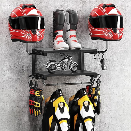 Motorcycle Helmet Holder Wall Mount, 2-Tier Helmet Rack with 2 Hat Stands, Motorcycle Accessories Gear Storage Organizer Display for Men Jackets, Caps in Garage, Living Room (Black)