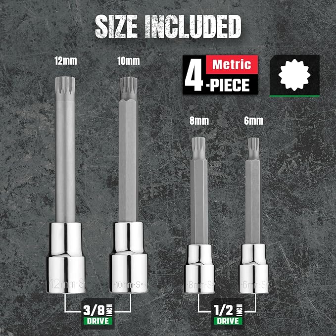SK Tools USA 3/8" & 1/2" Drive, 4 Piece, Chrome Metric Triple Square Bit Socket Set: 6MM - 12MM | 19704