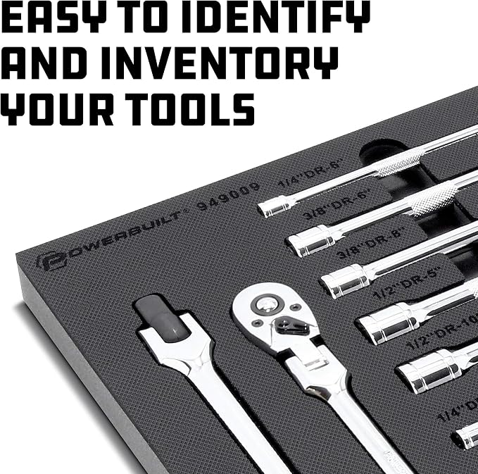 Powerbuilt Master Ratchet and Accessories Set, 16 Piece, 1/4, 3/8, and 1/2 Inch Drive Tools, Extension Bars, Universal Joints, Storage Tray - 949009