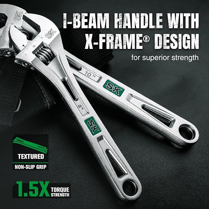 SK 8-Inch Quick Adjust Groove Joint Pliers & 3-Piece Adjustable Wrench Set, 6-Inch, 8-Inch, 10-Inch, Cr-V Steel