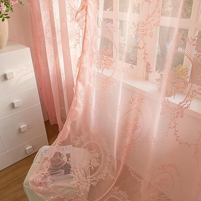 Sutuo Home Pink Lace Curtains Set of 2, Sheer Panels 63 Inch Length Rose Floral Embroidery Vintage Ruffled Window Treatment Pair for Bedroom Living Room, Shabby Chic Decor Rod Pocket, W57 x L63