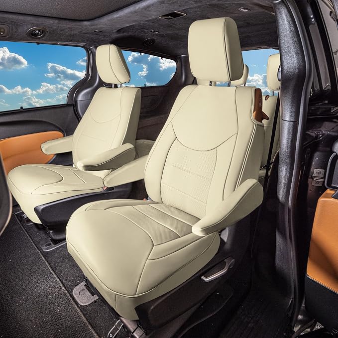 FH Group Custom Fit Car Seat Cover Specefically Made for Chrysler Pacifica 2017-2024 - 2nd Row Set Hybrid, Faux Leather, Solid Beige