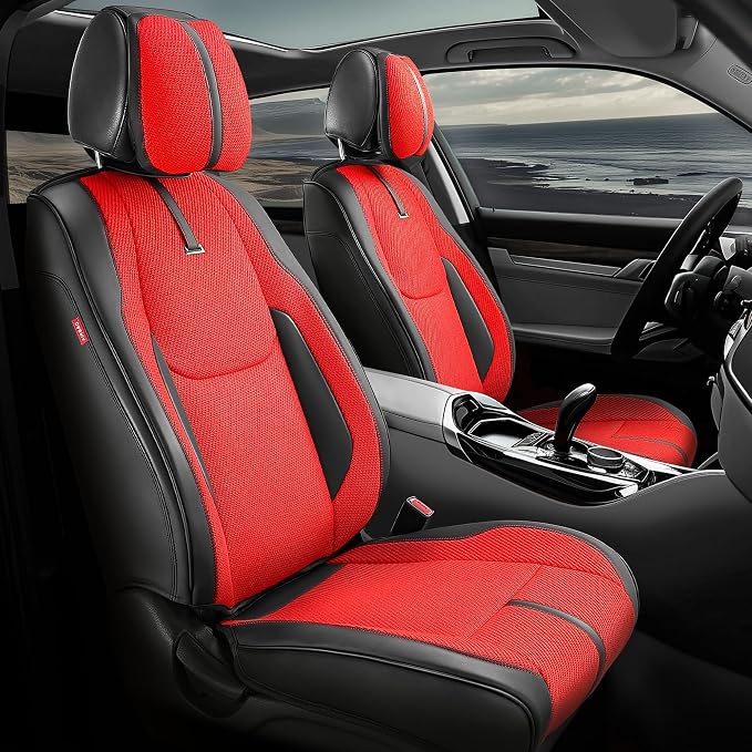 Auto Dynasty Car Seat Covers Front Pair, Automotive Seat Covers for Cars Breathable Waterproof, Universal Anti-Slip Car Interior Protectors Compatible Airbag Fit Most Cars, Red, Drive Series