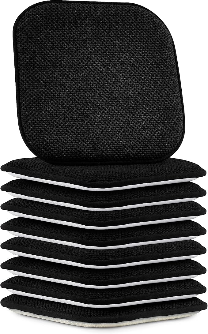 Elegant Comfort Chair Cushion Covers with Ties and Non Skid Rubber Backing-Thick Memory Foam - Soft Cushion Pad- Rounded Square Seat Cover-16 x 16 Inches- Honeycomb Textured Pattern, Set of 8, Black