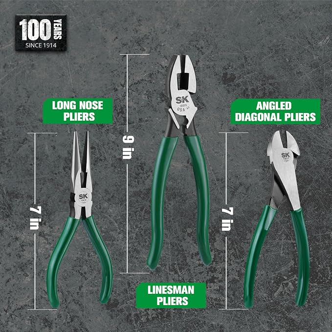 SK Tools USA 3 Piece Pliers Set: Diagonal Cutting, Long Nose Cutting, Linesman | 17842