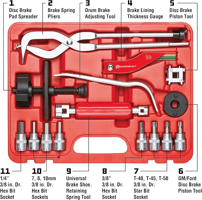 Powerbuilt Brake Service Set, 15 Piece, Remove Springs, Adjust Vehicle Drum Brakes, Spread Disc Pads, Piston Tool, Vehicle Repair Kit 948007