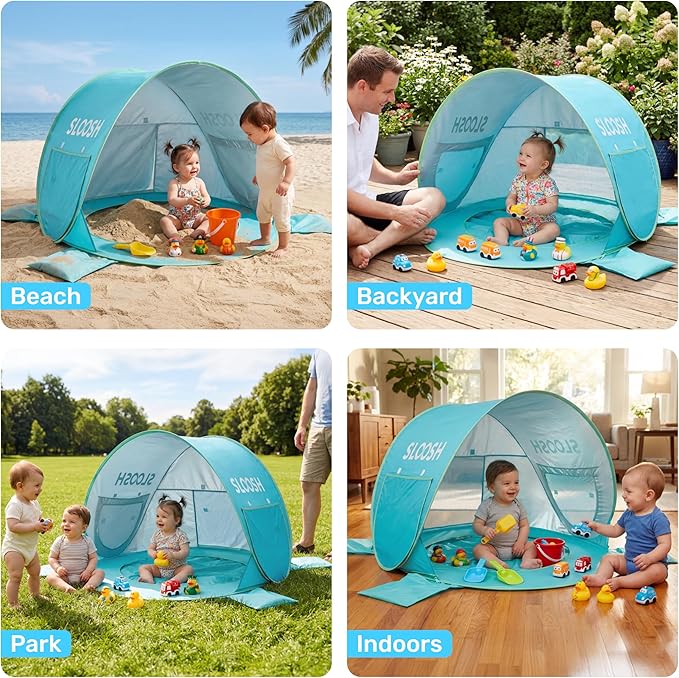 SLOOSH Baby Beach Tent - Pop Up Shade Pool, UPF 50+ UV Protection Sun Shelter for Infant, Portable Beach Pool with Carry Bag, Dual Mesh Side Panels for Toddler Outdoor Travel Camping