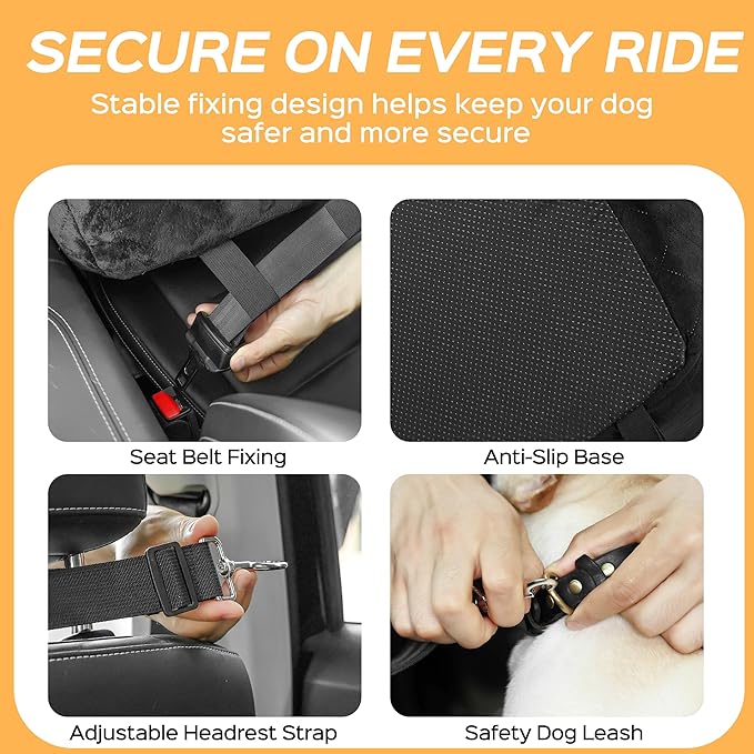 Dog Car Seat for Small Dog with Washable Mat, Memory Foam Booster Seat for Dogs Under 30lb, 6" Elevated Pet Seat with Pockets, Anti-Slip Bed for Car, Perfect for Front & Back Seats with Safety Leash