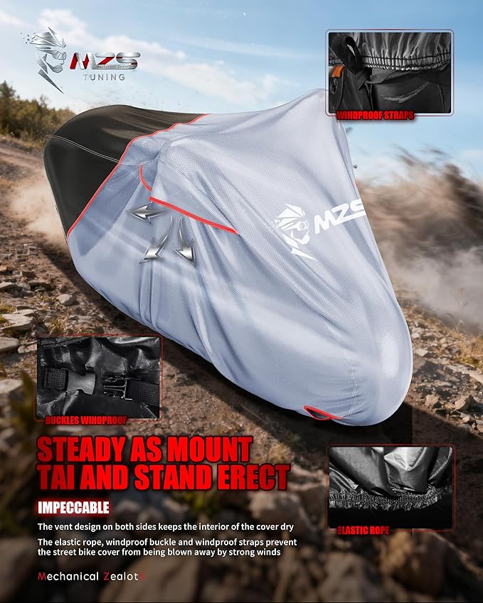 MZS Motorcycle Cover Waterproof Outdoor, Heavy Duty All Season Weather Sun Protection with Storage Bag Vents Night Reflective Cotton Lining Lock Holes fits up to 96" Motorcycles Vehicle Covers