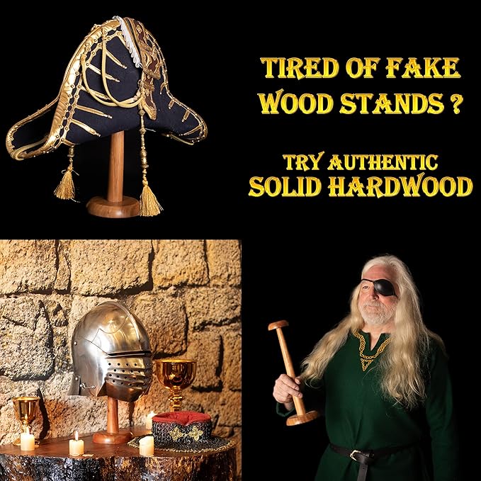 Mythrojan 14.5 Inch SOLID WOOD HAT DISPLAY STAND Sturdy Wooden Display Stand for Medieval Renaissance Cosplay Halloween Pin up Retro Hats (Natural)