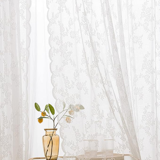Sutuo Home White Lace Curtains 84 Inches Long 2 Panels Set, Victorian Sheer Country Retro Florals Vintage Voile Window Treatment for Girls Bedroom/Living Room/Old World Decor Rod Pocket W57 x L84