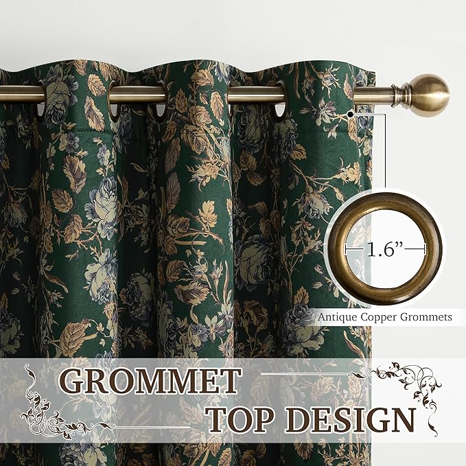 StangH Vintage Green Velvet Curtains 96 Inches, Two-Layer 100% Blackout Floral Drapes with Bronze Grommet Thick Thermal Insulated Patterned Curtains for Bedroom, W52 x L96, 2 Panels