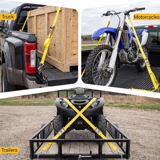 Heavy Duty 2" x 20' Ratchet Straps (4-Pack), 10,000 lbs Break Strength, High Visibility Yellow Tie Down Straps with Locking J-Hooks for Trailers, Trucks, Heavy Equipment, and Moving Appliances