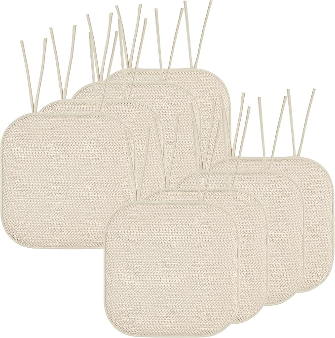 Elegant Comfort Chair Cushion Covers with Ties and Non Skid Rubber Backing-Thick Memory Foam - Soft Cushion Pad- Rounded Square Seat Cover-16 x 16 Inches- Honeycomb Textured Pattern, Set of 8, Linen