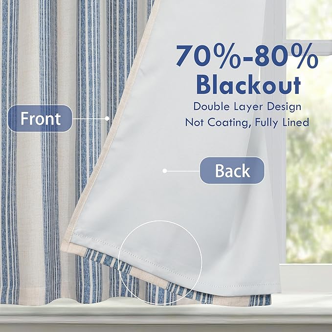 DriftAway Chris Double Layer Linen Blackout Tie Up Curtains Thermal Insulated Fully Lined Vertical Striped Balloon Roman Shade Bathroom Window Adjustable Rod Pocket 45 Inch by 63 Inch Jean Navy